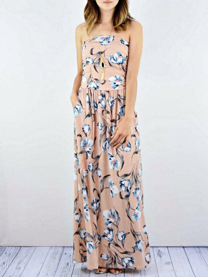 Tiered Tropical Sleeveless Leaves Floral  Maxi Long Woven Dress