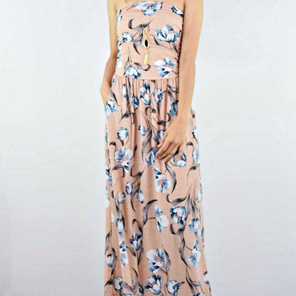 Tiered Tropical Sleeveless Leaves Floral  Maxi Long Woven Dress