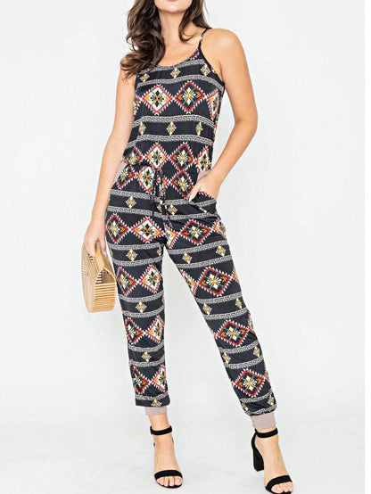 Boho Casual Teal Navy Blue Stripe Tank Cami Spaghetti Strap Wide Leg Jumpsuit Small To 3 XL PLUS