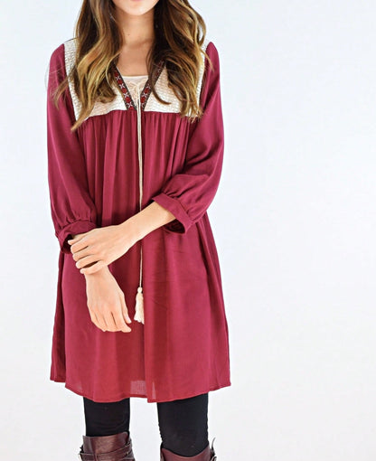 Summer Boho Flora Vintage Mint Burgundy Navy Tiered Key Hole Tie Front  Tunic Blouse Top For Leggings  |  Small -3 XL