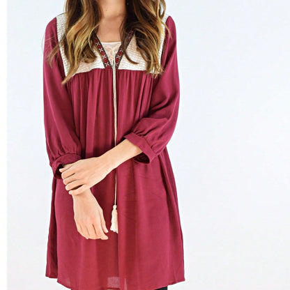 Summer Boho Flora Vintage Mint Burgundy Navy Tiered Key Hole Tie Front  Tunic Blouse Top For Leggings  |  Small -3 XL