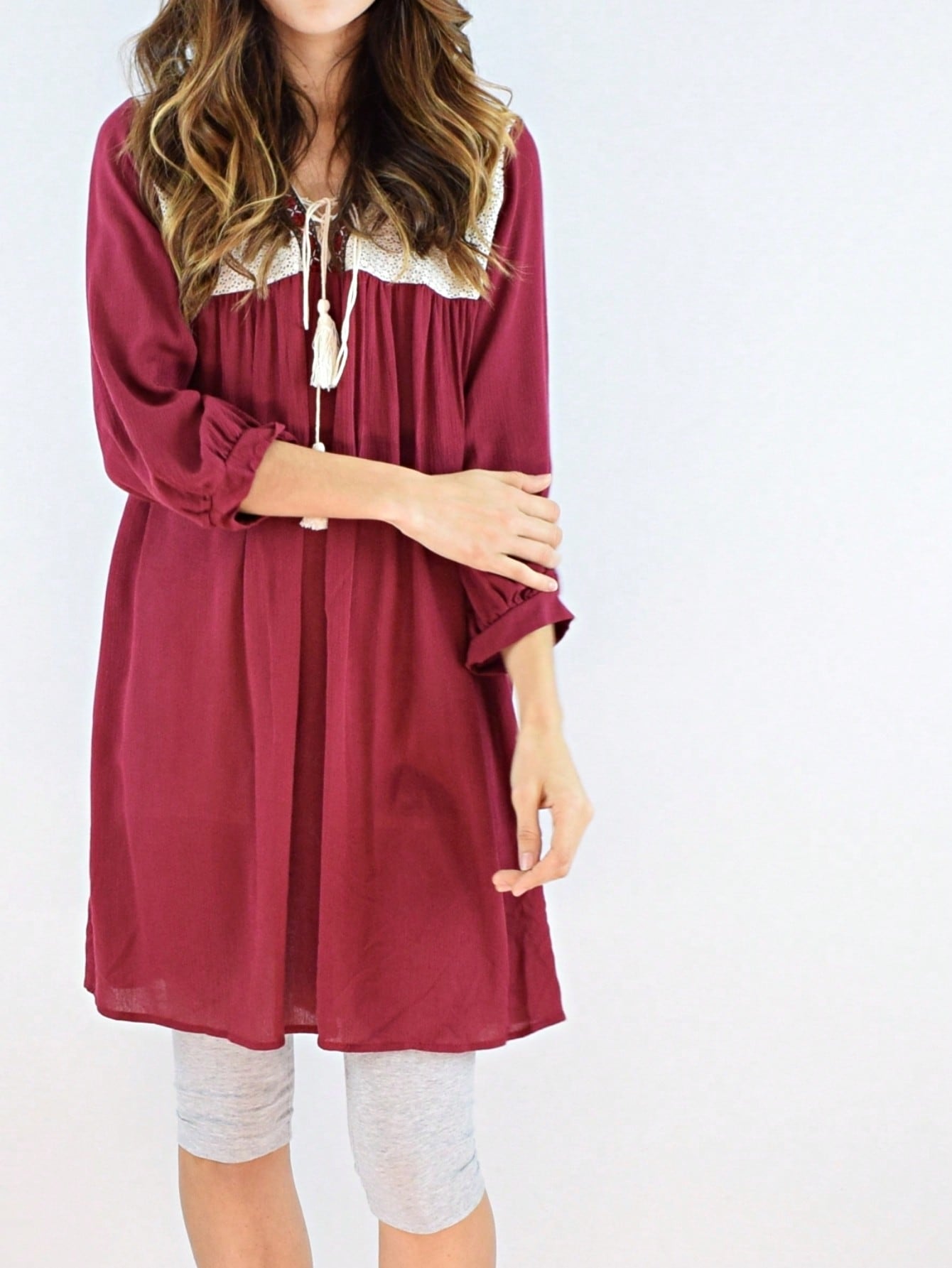Summer Boho Flora Vintage Mint Burgundy Navy Tiered Key Hole Tie Front  Tunic Blouse Top For Leggings  |  Small -3 XL