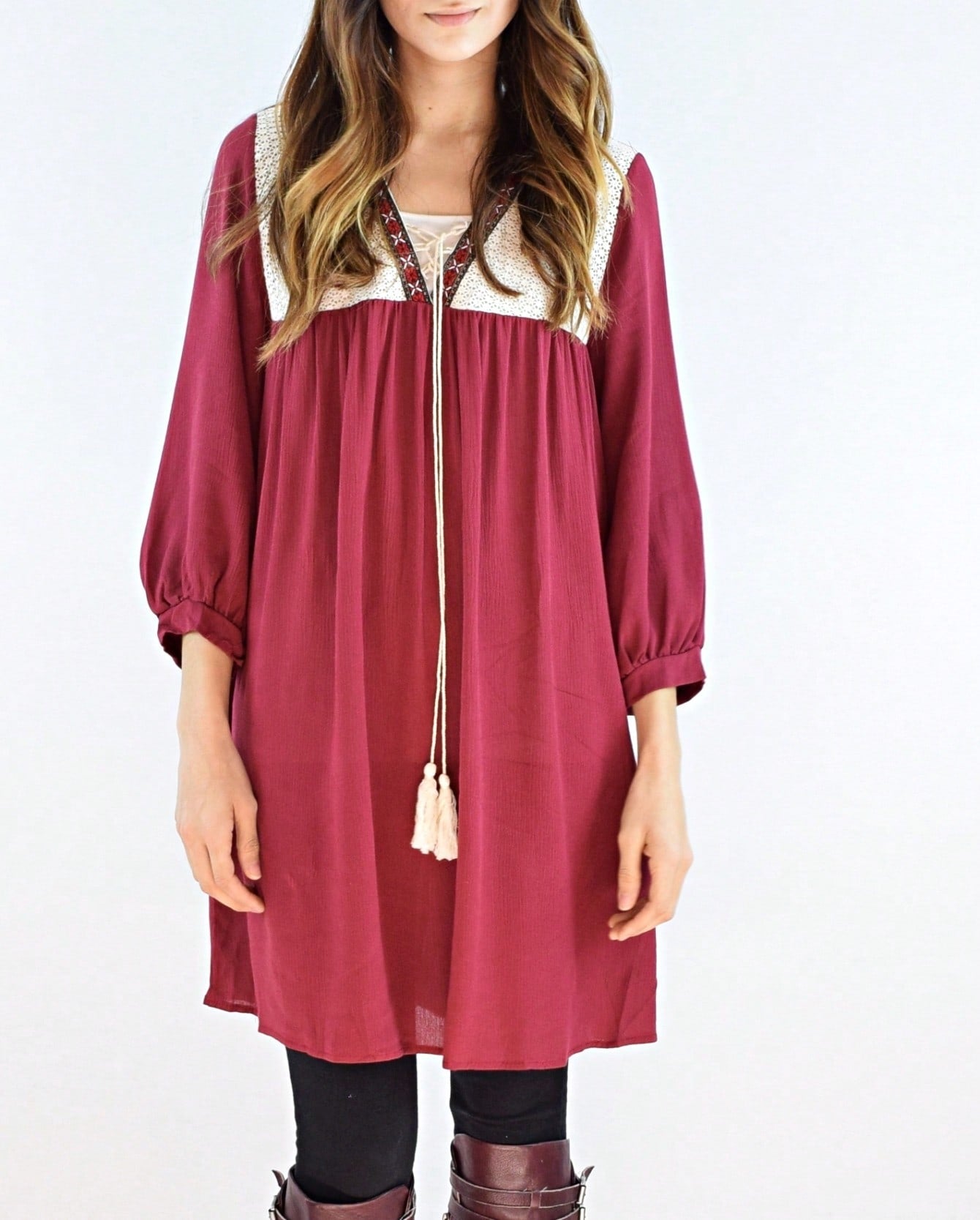 Summer Boho Flora Vintage Mint Burgundy Navy Tiered Key Hole Tie Front  Tunic Blouse Top For Leggings  |  Small -3 XL