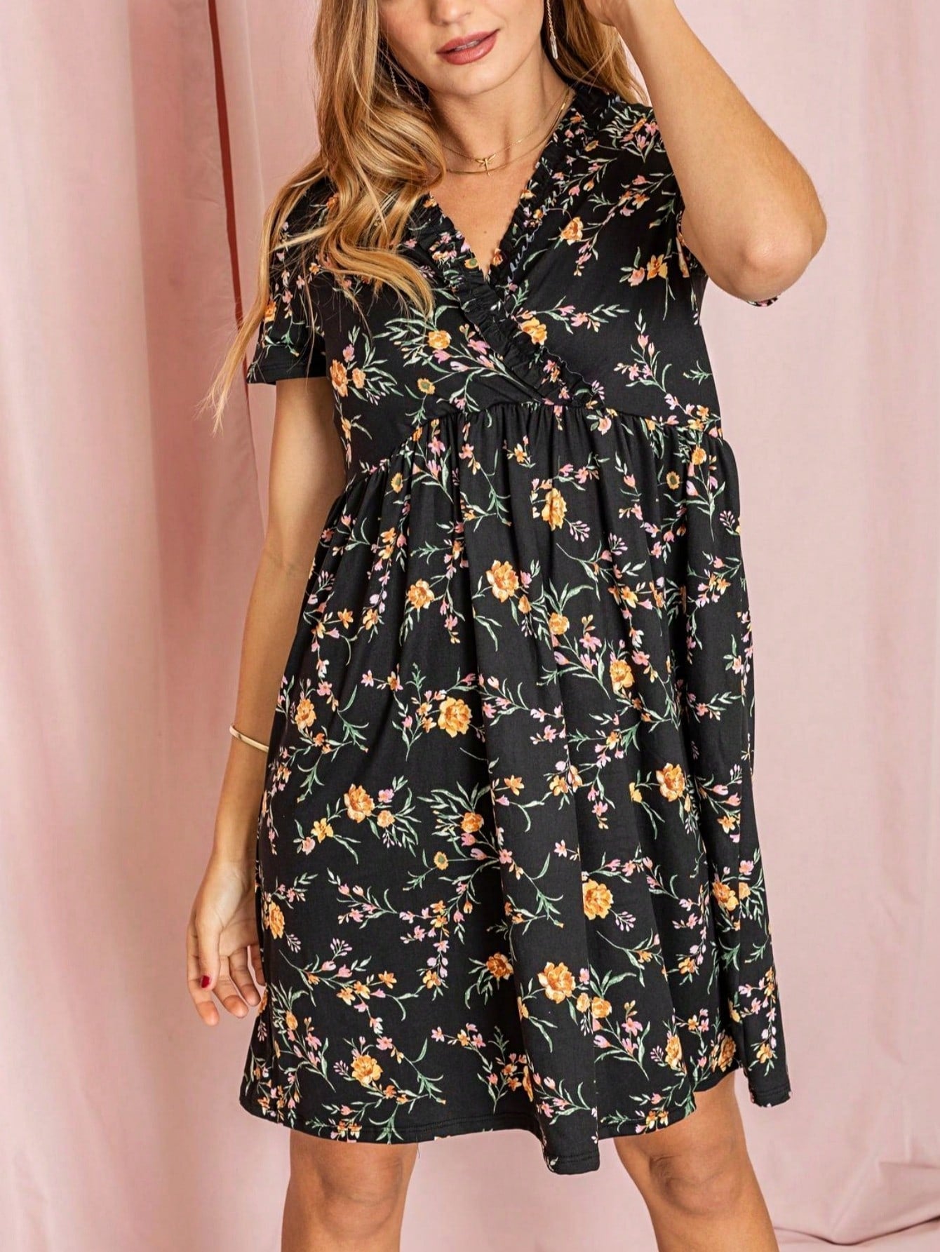 Boho Retro Sage Navy Pink Black Ditsy Floral Surplice Deep V Neck Band Waist Shirring Soft Swing Dress Small To 3 XL Plus