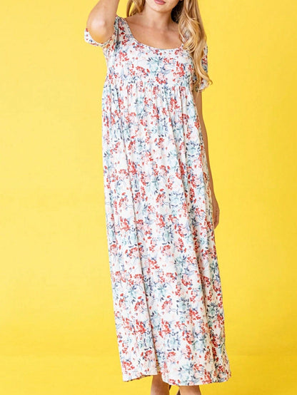 Tiered Tropical Short Sleeve Leaves Floral  Maxi Long Woven Dress