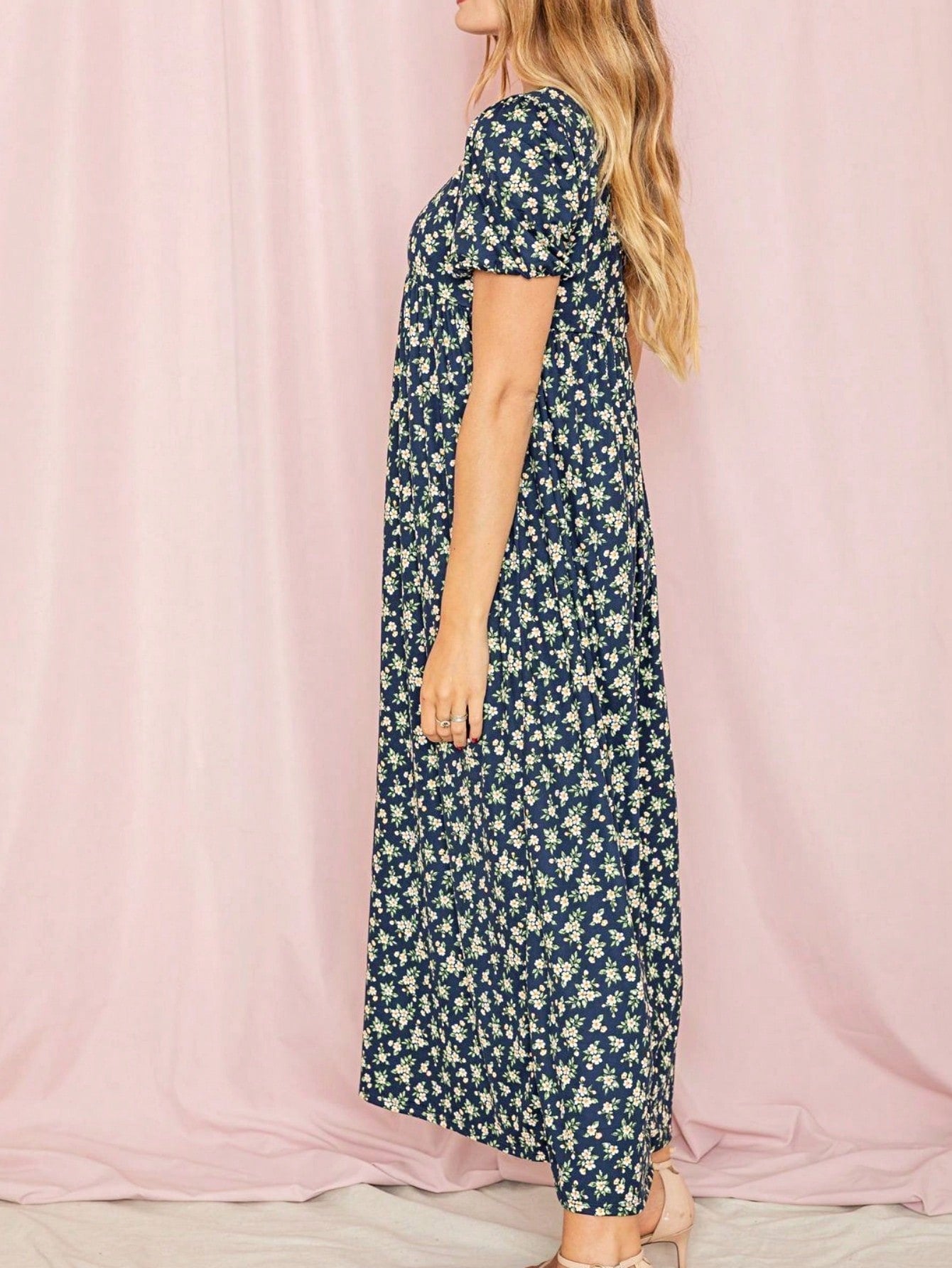 Tiered Tropical Short Sleeve Leaves Floral  Maxi Long Woven Dress