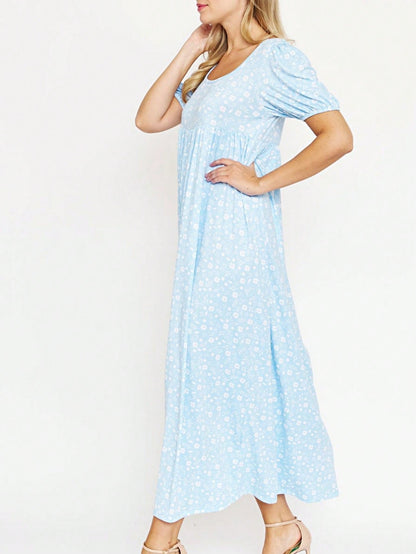 Tiered Tropical Short Sleeve Leaves Floral  Maxi Long Woven Dress
