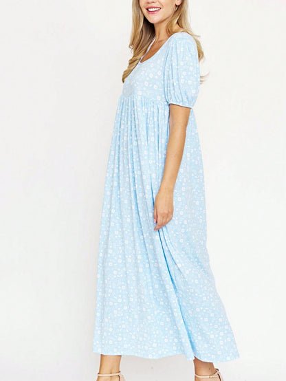 Tiered Tropical Short Sleeve Leaves Floral  Maxi Long Woven Dress