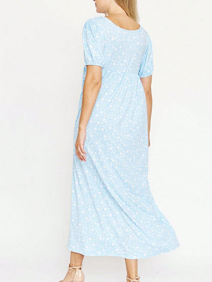 Tiered Tropical Short Sleeve Leaves Floral  Maxi Long Woven Dress