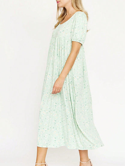 Tiered Tropical Short Sleeve Leaves Floral  Maxi Long Woven Dress