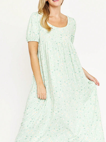 Tiered Tropical Short Sleeve Leaves Floral  Maxi Long Woven Dress