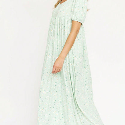 Tiered Tropical Short Sleeve Leaves Floral  Maxi Long Woven Dress