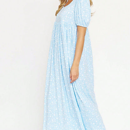 Tiered Tropical Short Sleeve Leaves Floral  Maxi Long Woven Dress