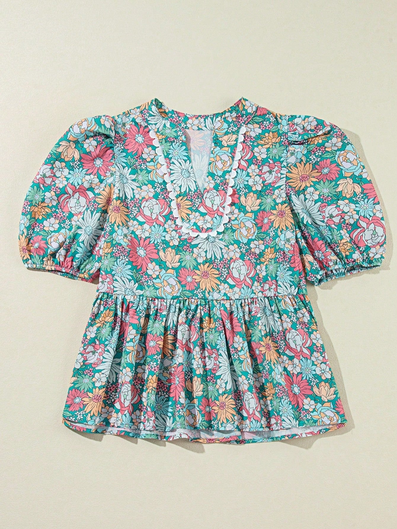 Boho Retro Vintage 60's Vibe Rose Red Floral Pleated Blue Stripe Dolman Bat Wing Ivory Whited Top Shirt Blouse