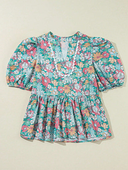 Boho Retro Vintage 60's Vibe Rose Red Floral Pleated Blue Stripe Dolman Bat Wing Ivory Whited Top Shirt Blouse