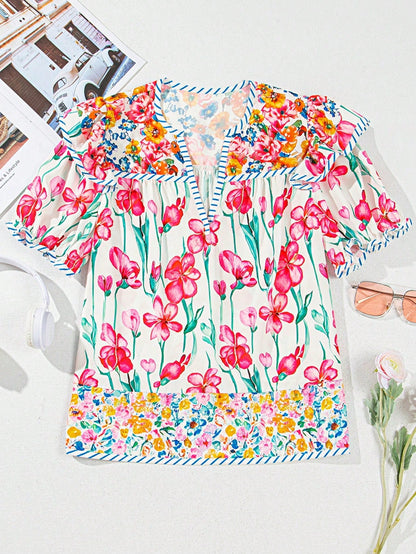 Boho Retro Vintage 60's Vibe Rose  Abstract Print Shirred Mock Button Neck Lantern Puff Bubble Sleeve Top Shirt Blouse