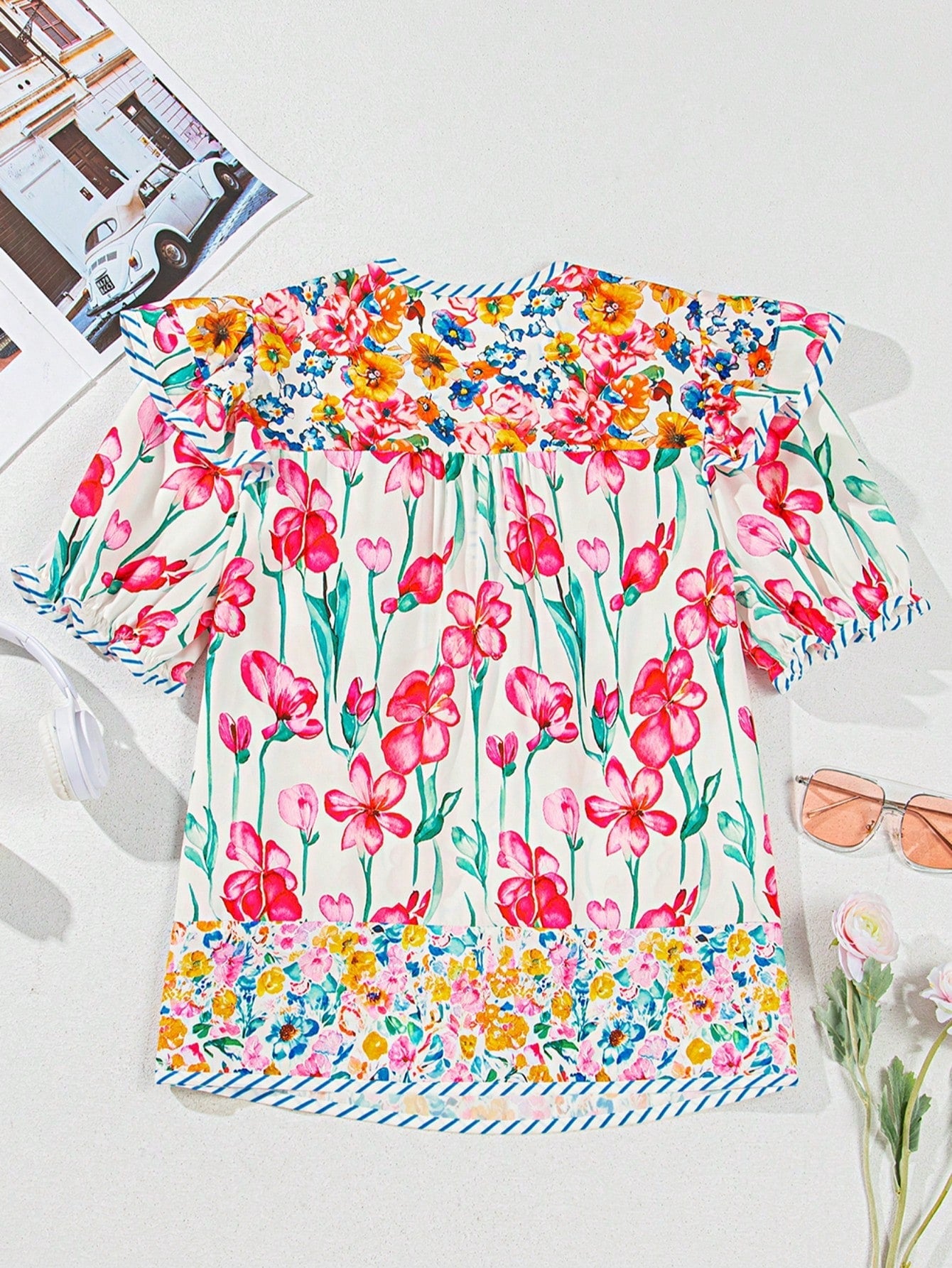 Boho Retro Vintage 60's Vibe Rose  Abstract Print Shirred Mock Button Neck Lantern Puff Bubble Sleeve Top Shirt Blouse