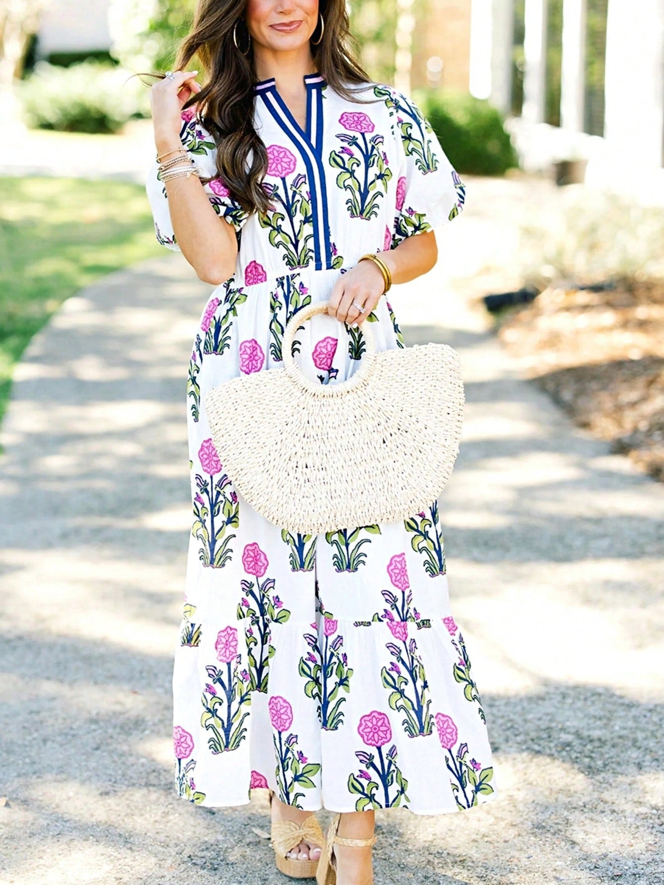 Boho Vacation Geo Smocked Black Pink Wavy Trimmed Tiered Maxi Long Dress V Neck Versatile Summer Dress For Women