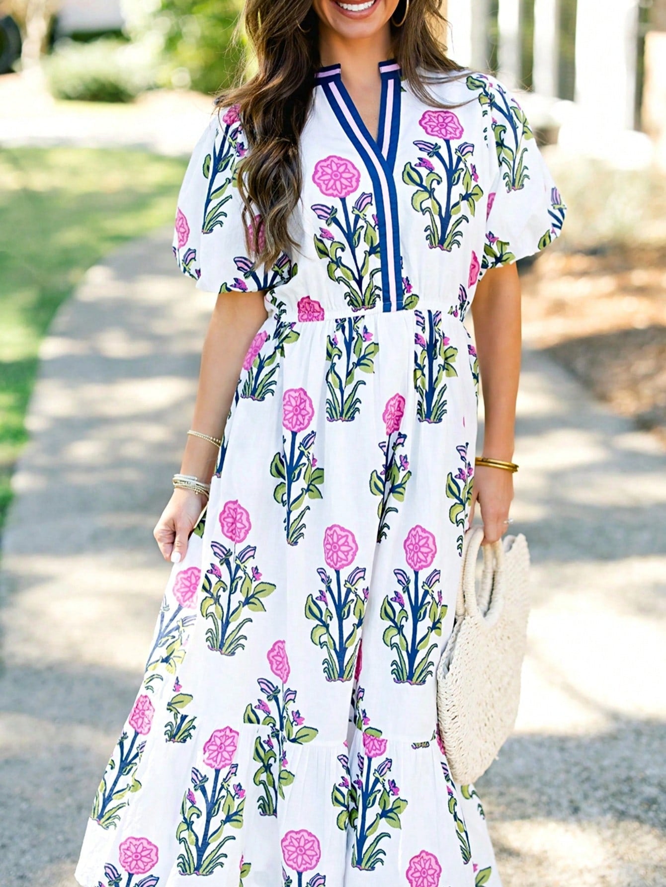Boho Vacation Geo Smocked Black Pink Wavy Trimmed Tiered Maxi Long Dress V Neck Versatile Summer Dress For Women
