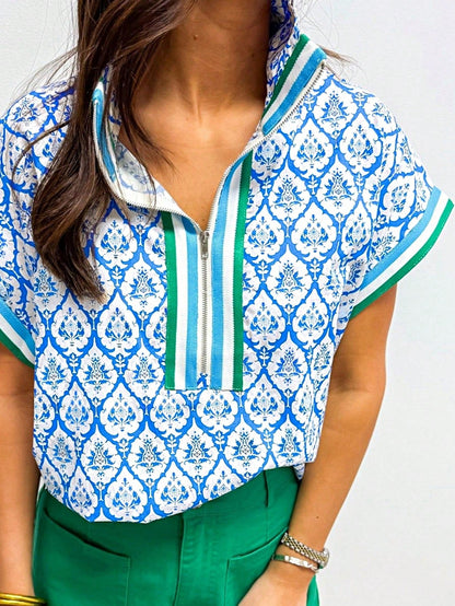 Boho Retro Vintage 60's Vibe Rose Red Floral Pleated Blue Stripe Dolman Bat Wing Ivory Whited Top Shirt Blouse