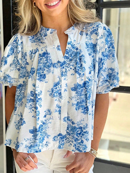Boho Retro Vintage 60's Vibe Rose Red Floral Pleated Blue Stripe Dolman Bat Wing Ivory Whited Top Shirt Blouse
