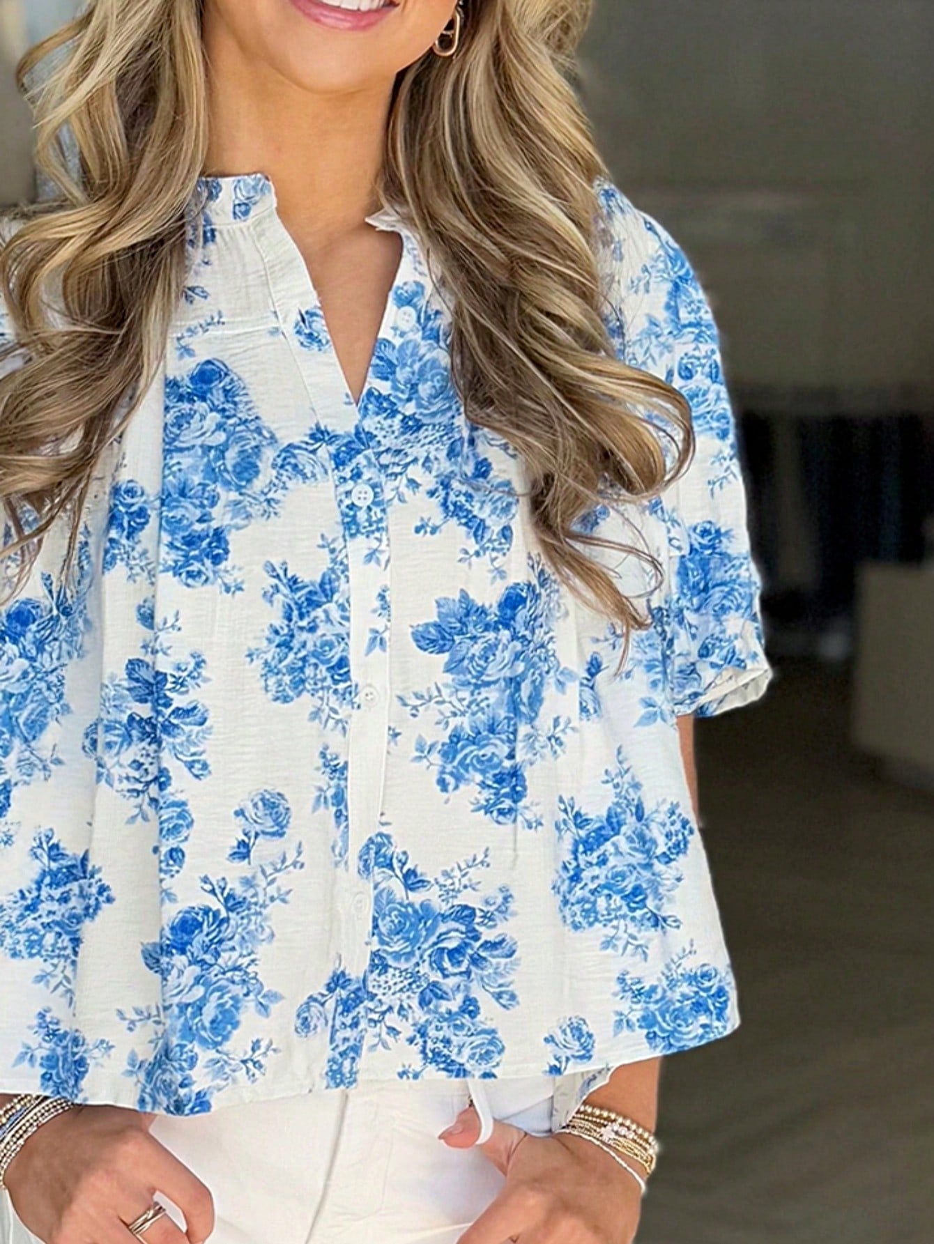 Boho Retro Vintage 60's Vibe Rose Red Floral Pleated Blue Stripe Dolman Bat Wing Ivory Whited Top Shirt Blouse