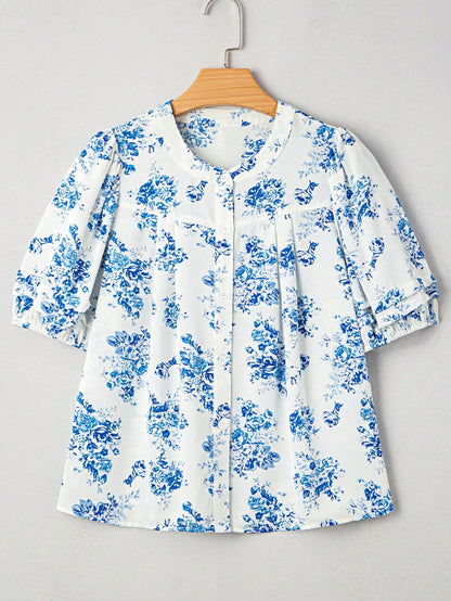 Boho Retro Vintage 60's Vibe Rose Red Floral Pleated Blue Stripe Dolman Bat Wing Ivory Whited Top Shirt Blouse