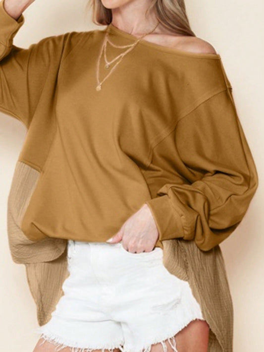 Boho Retro Vintage 90's Cotton Vanilla Beige Pink Drop Shoulder Oversized Bishop Sleeve Side Slit Knit Top Sweat Shirt Pullover