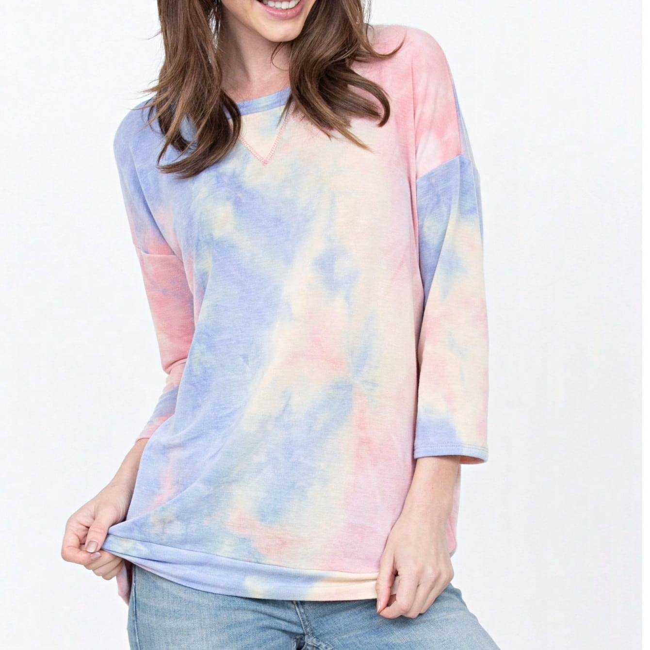Boho Retro 90's Vintage  Preppy V Stitch  Stripe Knit Contrast Binding Brushed Soft Floral Raglan Sleeve Tunic Top Pullover Only