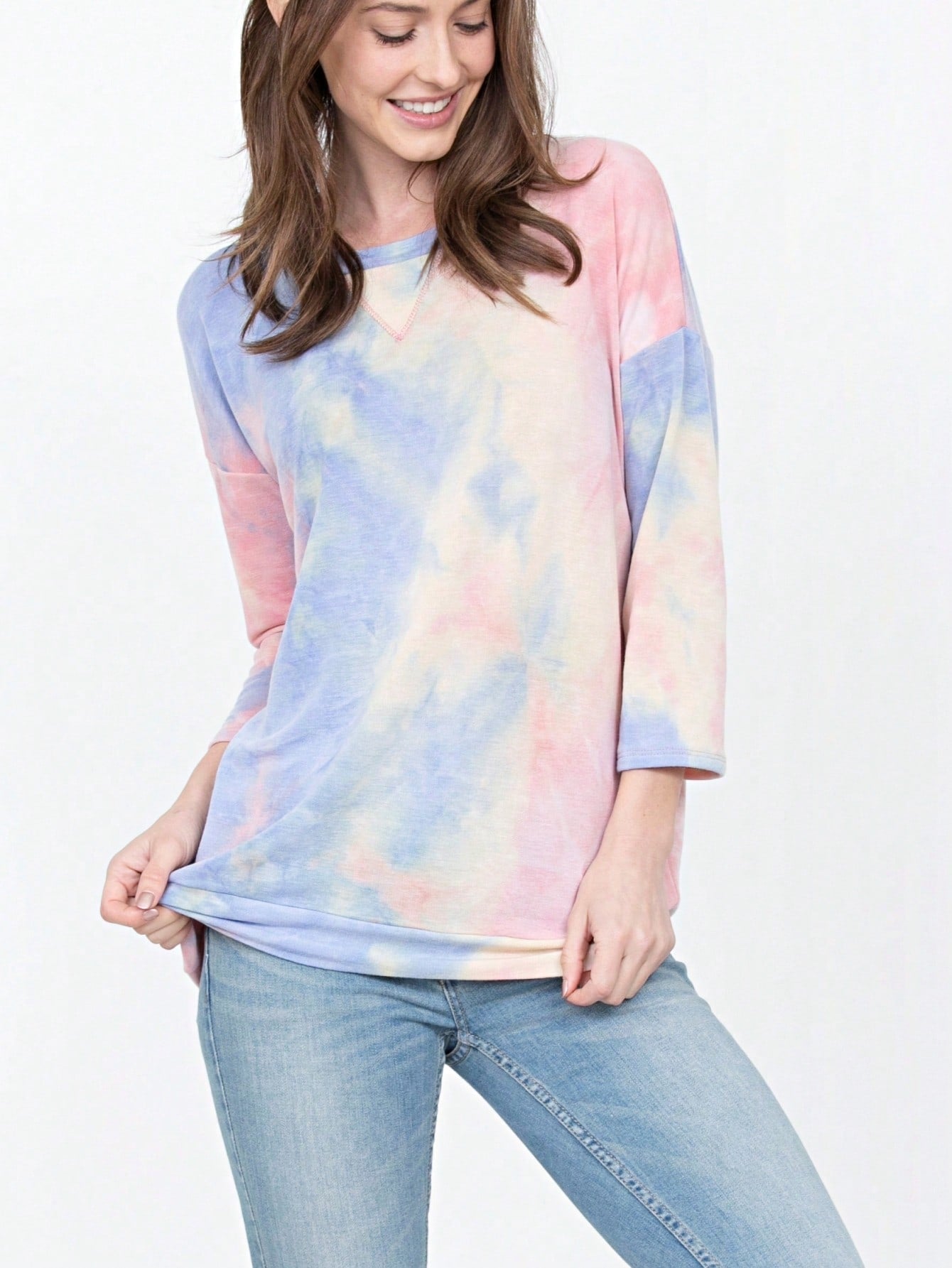 Boho Retro 90's Vintage  Preppy V Stitch  Stripe Knit Contrast Binding Brushed Soft Floral Raglan Sleeve Tunic Top Pullover Only