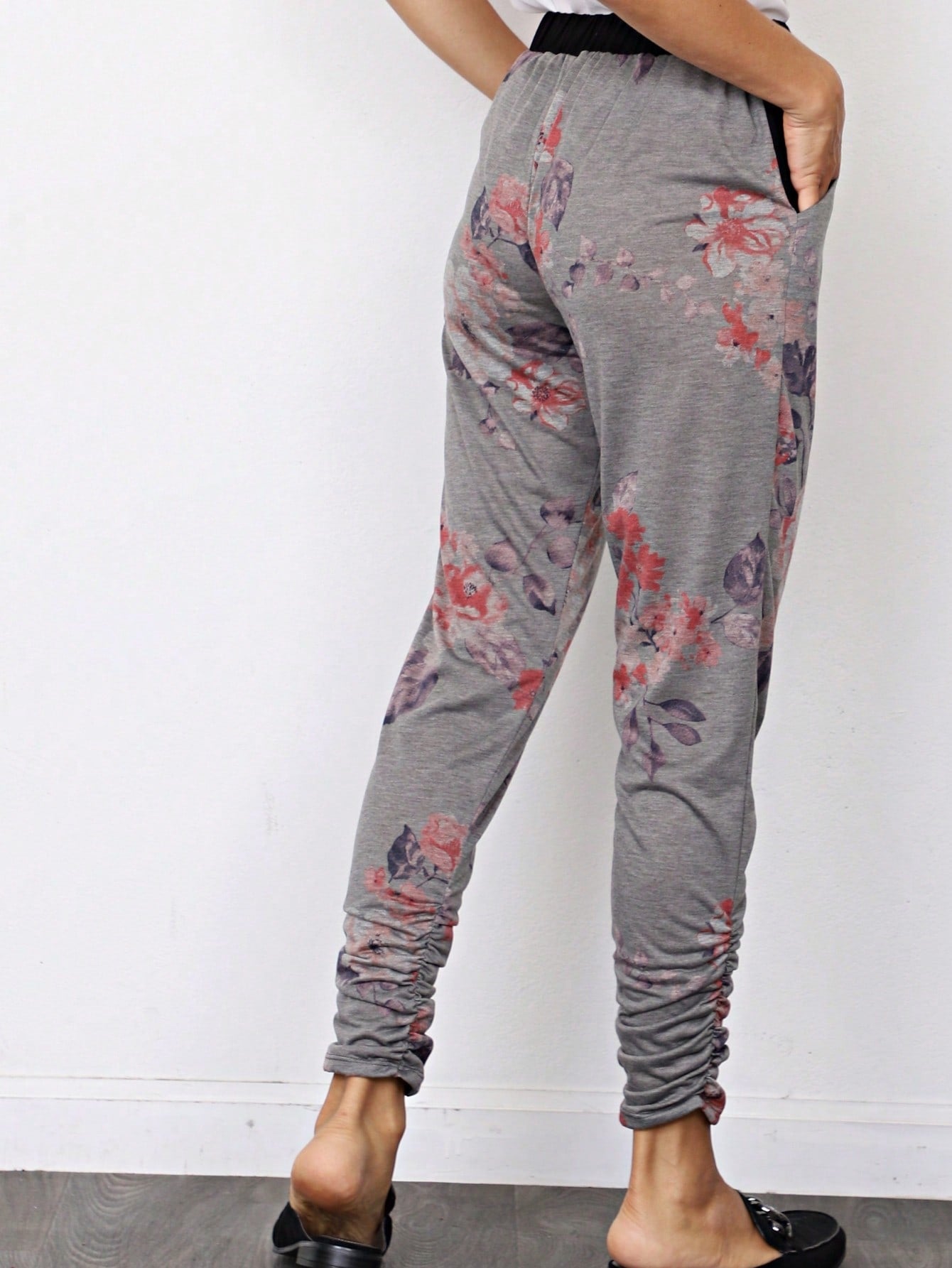 Boho Retro 90's Tie Dye Pink Blue Solid Olive Navy Black Charcoal  Grey Shirred Ruched Cuff  Jogger Pants With Drawstring And Pocket