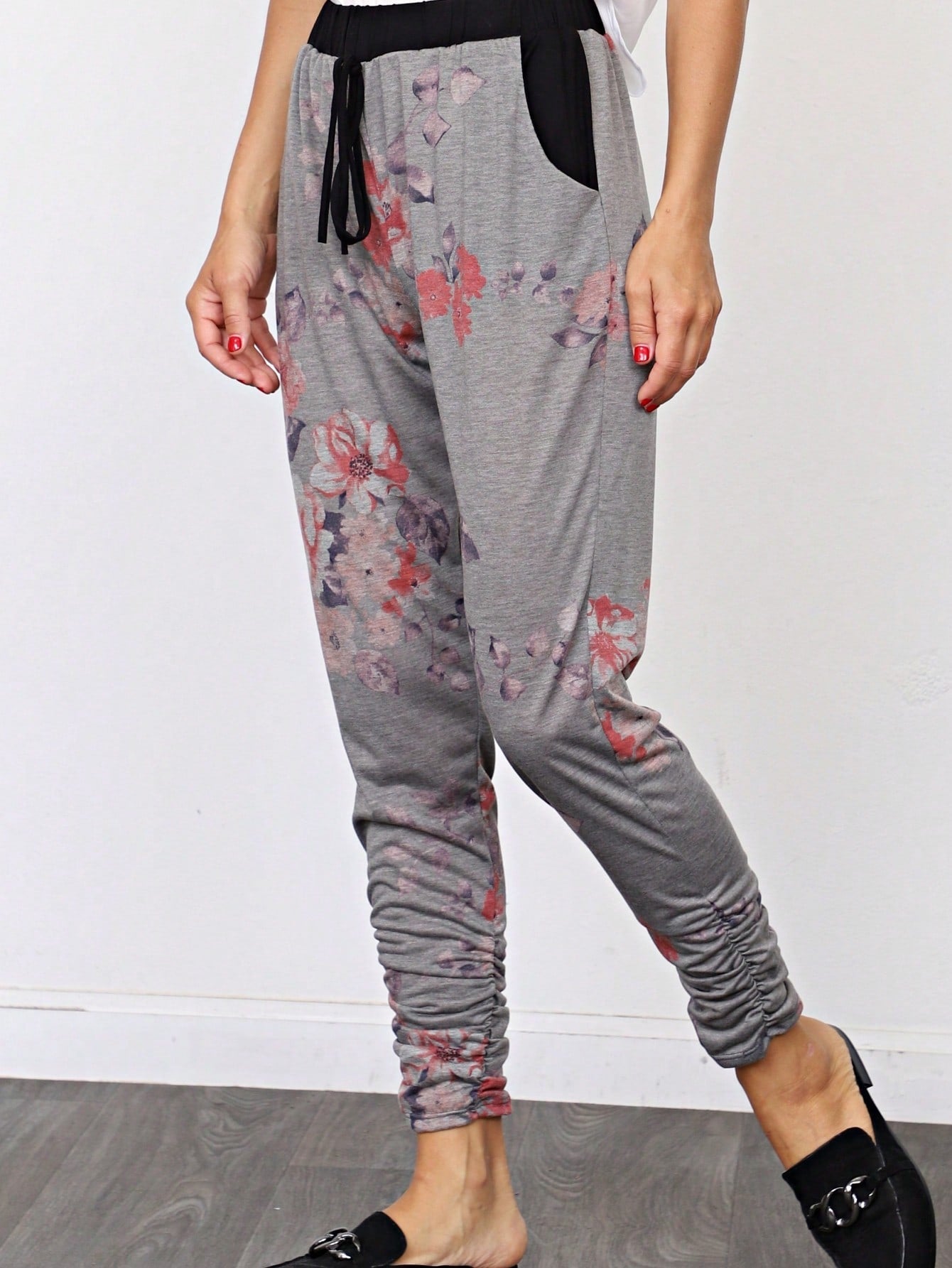 Boho Retro 90's Tie Dye Pink Blue Solid Olive Navy Black Charcoal  Grey Shirred Ruched Cuff  Jogger Pants With Drawstring And Pocket