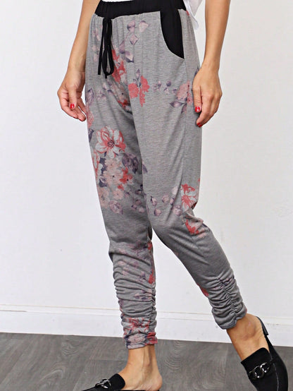 Boho Retro 90's Tie Dye Pink Blue Solid Olive Navy Black Charcoal  Grey Shirred Ruched Cuff  Jogger Pants With Drawstring And Pocket