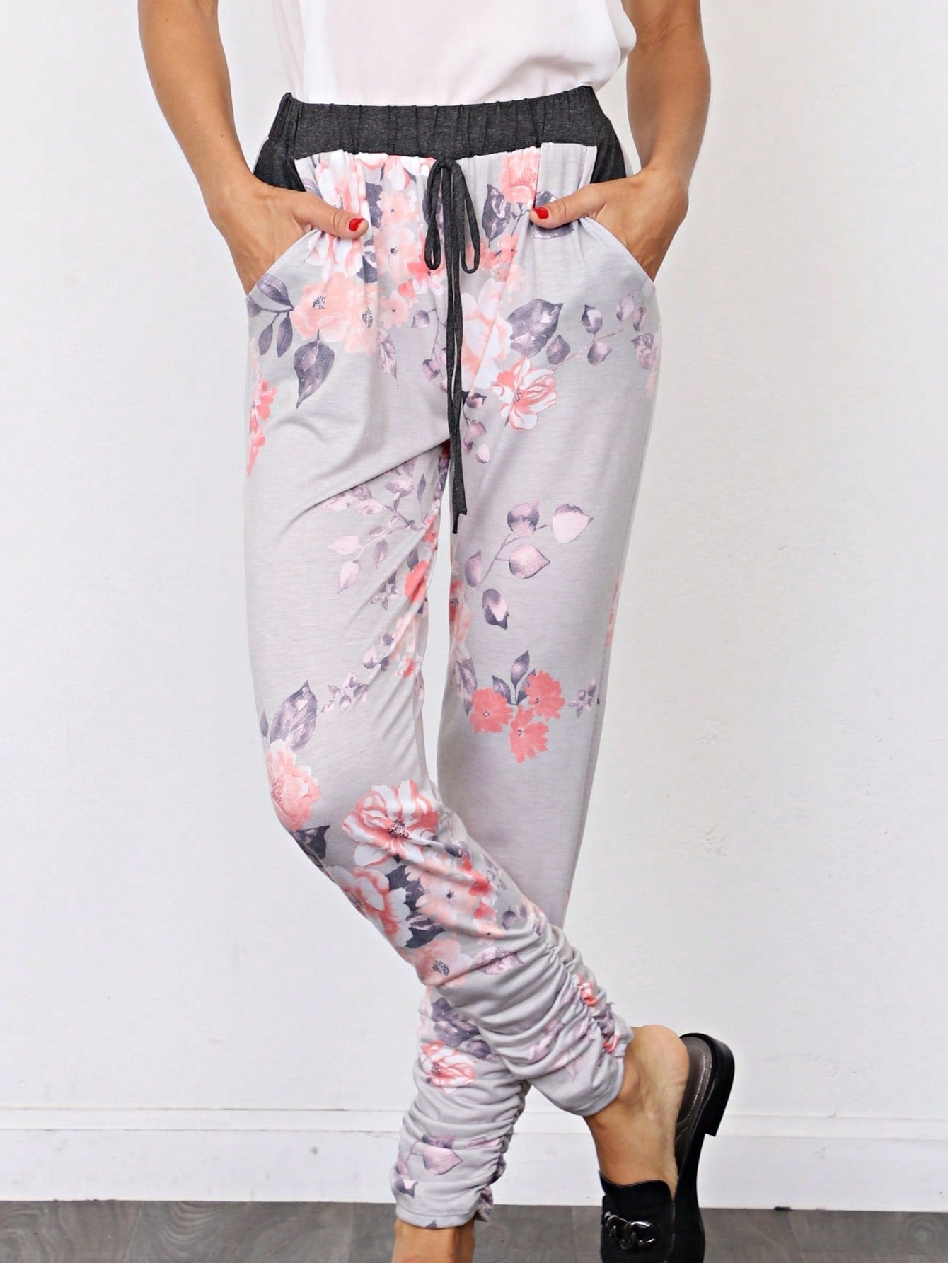 Boho Retro 90's Tie Dye Pink Blue Solid Olive Navy Black Charcoal  Grey Shirred Ruched Cuff  Jogger Pants With Drawstring And Pocket