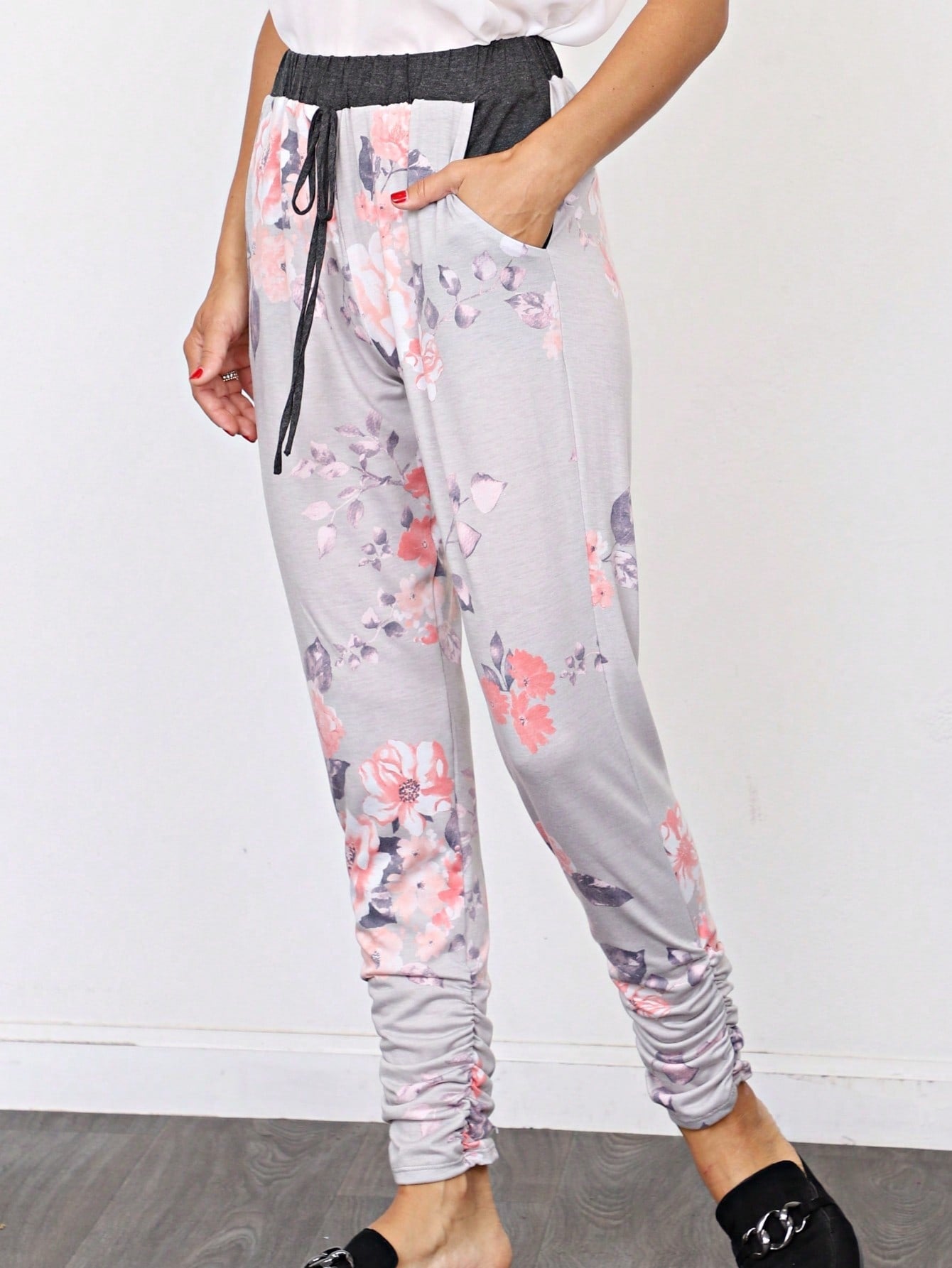 Boho Retro 90's Tie Dye Pink Blue Solid Olive Navy Black Charcoal  Grey Shirred Ruched Cuff  Jogger Pants With Drawstring And Pocket
