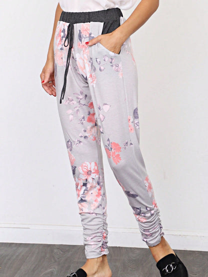 Boho Retro 90's Tie Dye Pink Blue Solid Olive Navy Black Charcoal  Grey Shirred Ruched Cuff  Jogger Pants With Drawstring And Pocket