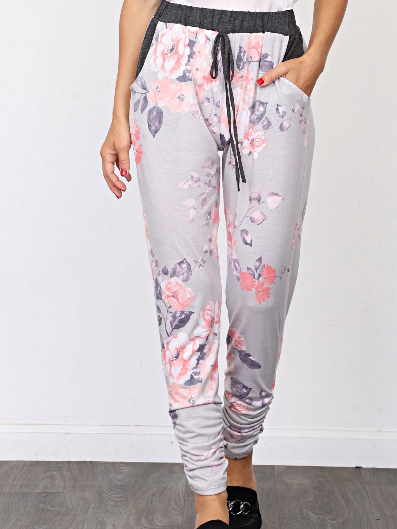 Boho Retro 90's Tie Dye Pink Blue Solid Olive Navy Black Charcoal  Grey Shirred Ruched Cuff  Jogger Pants With Drawstring And Pocket