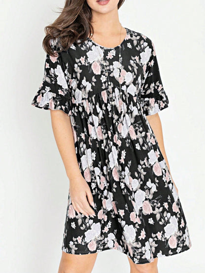 Summer Boho Retro Solid Color  Ruffle  Tiered Flutter Sleeve  Dress|  Small -3 XL