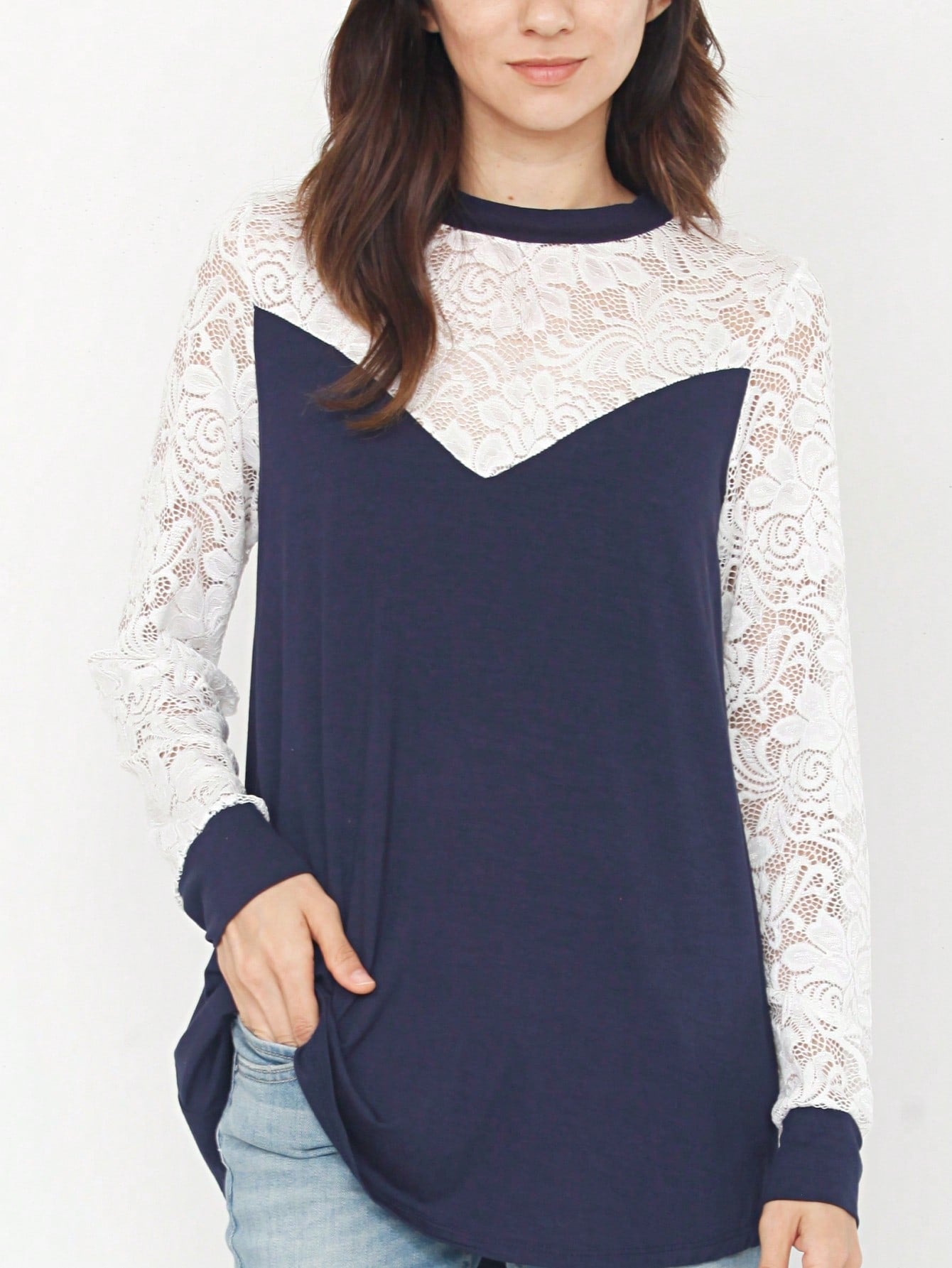 Gold Red Lace Hollow Eyelet Rayon Soft Long  Sleeve Raglan Tunic Top Band Hem Shirt