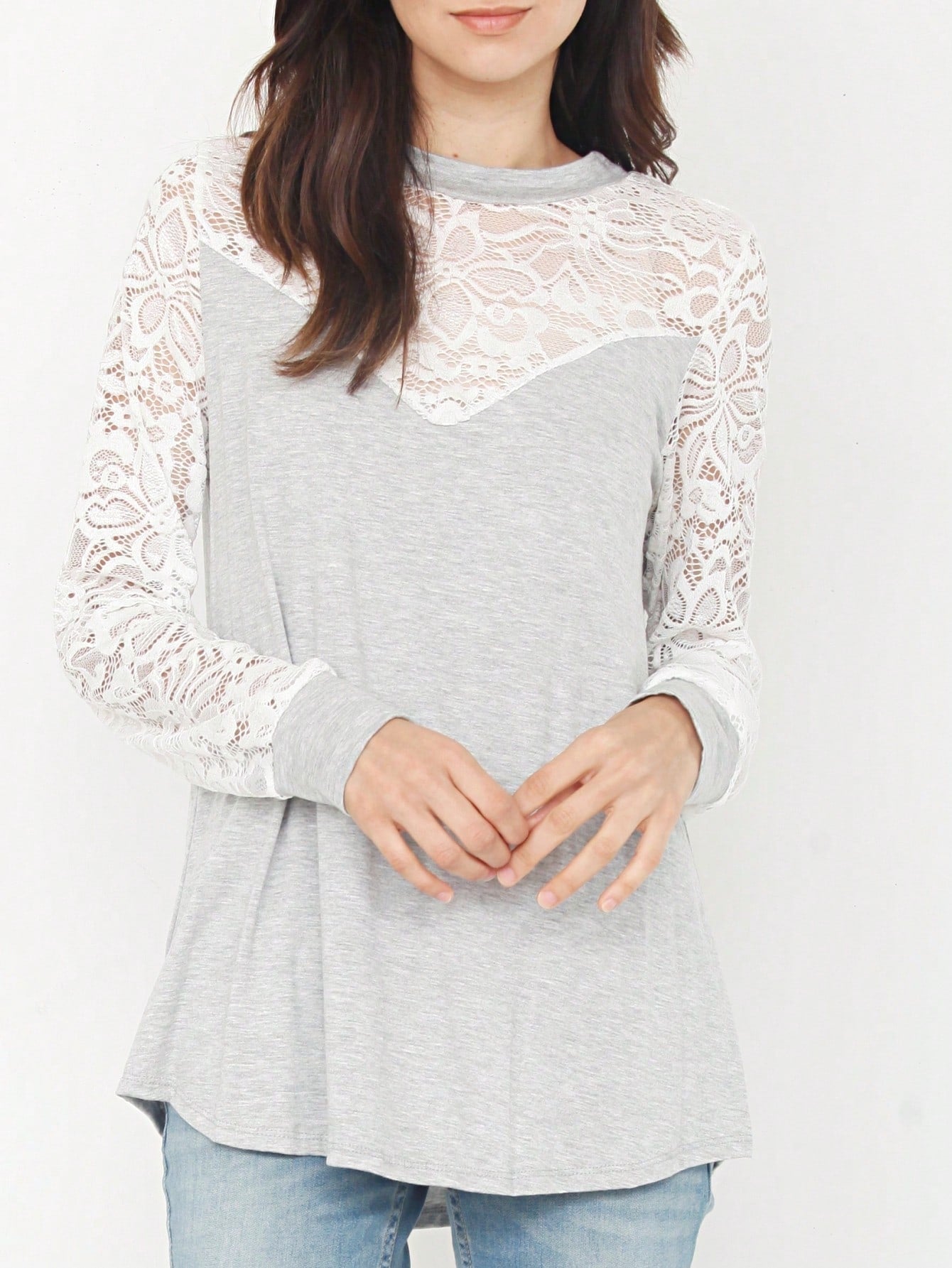 Gold Red Lace Hollow Eyelet Rayon Soft Long  Sleeve Raglan Tunic Top Band Hem Shirt