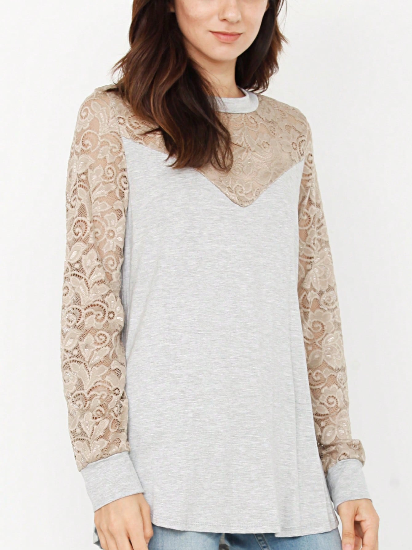 Gold Red Lace Hollow Eyelet Rayon Soft Long  Sleeve Raglan Tunic Top Band Hem Shirt