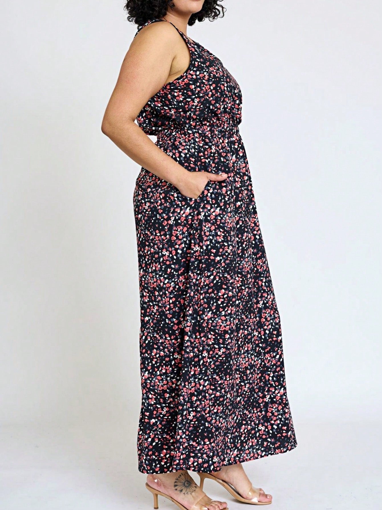 Retro Boho Woven Floral Pink Yellow Maxi Surplice Wrap Sah Dress Front Tie Flutter Sleeve