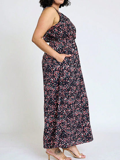 Retro Boho Woven Floral Pink Yellow Maxi Surplice Wrap Sah Dress Front Tie Flutter Sleeve