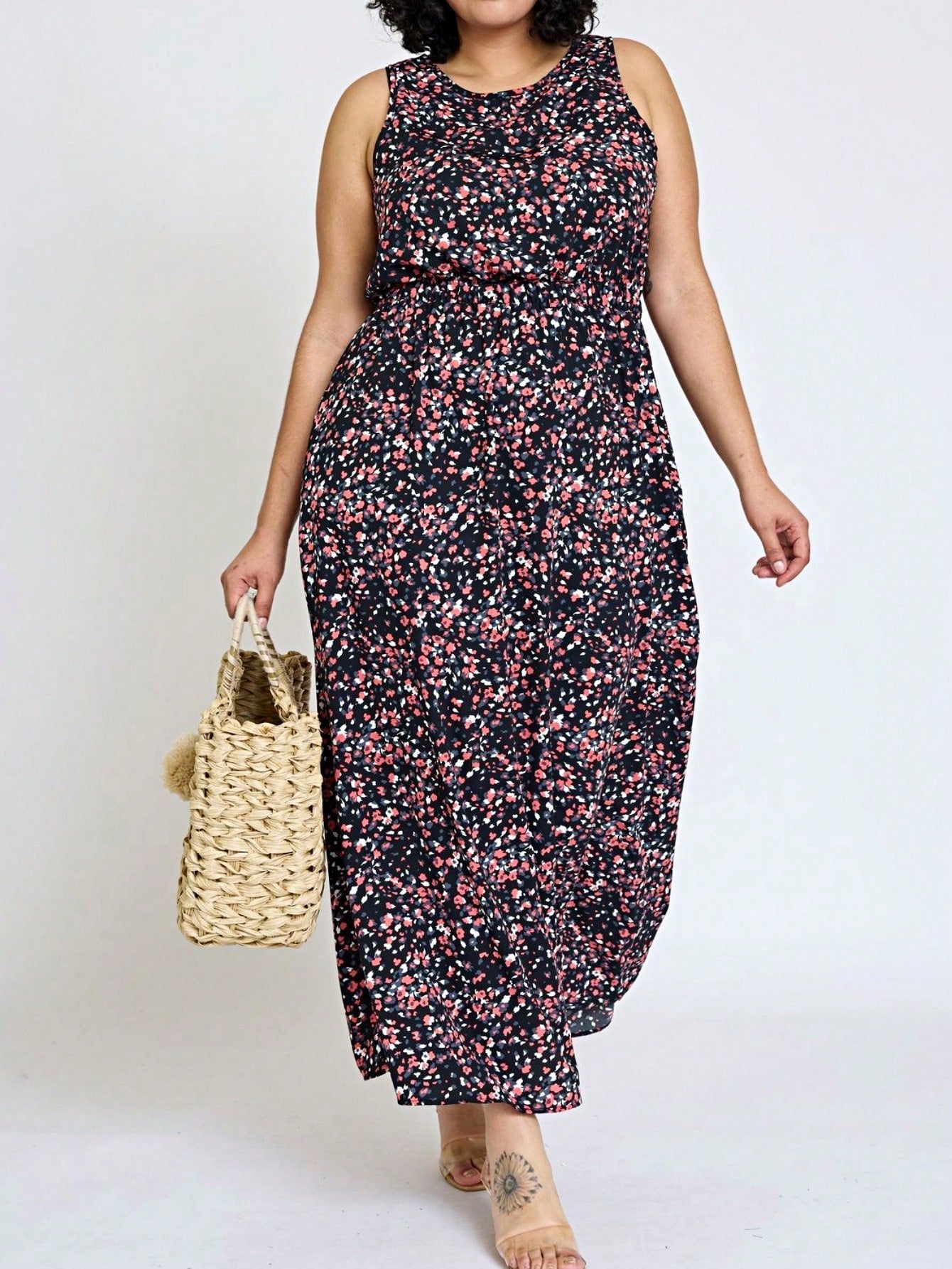 Retro Boho Woven Floral Pink Yellow Maxi Surplice Wrap Sah Dress Front Tie Flutter Sleeve