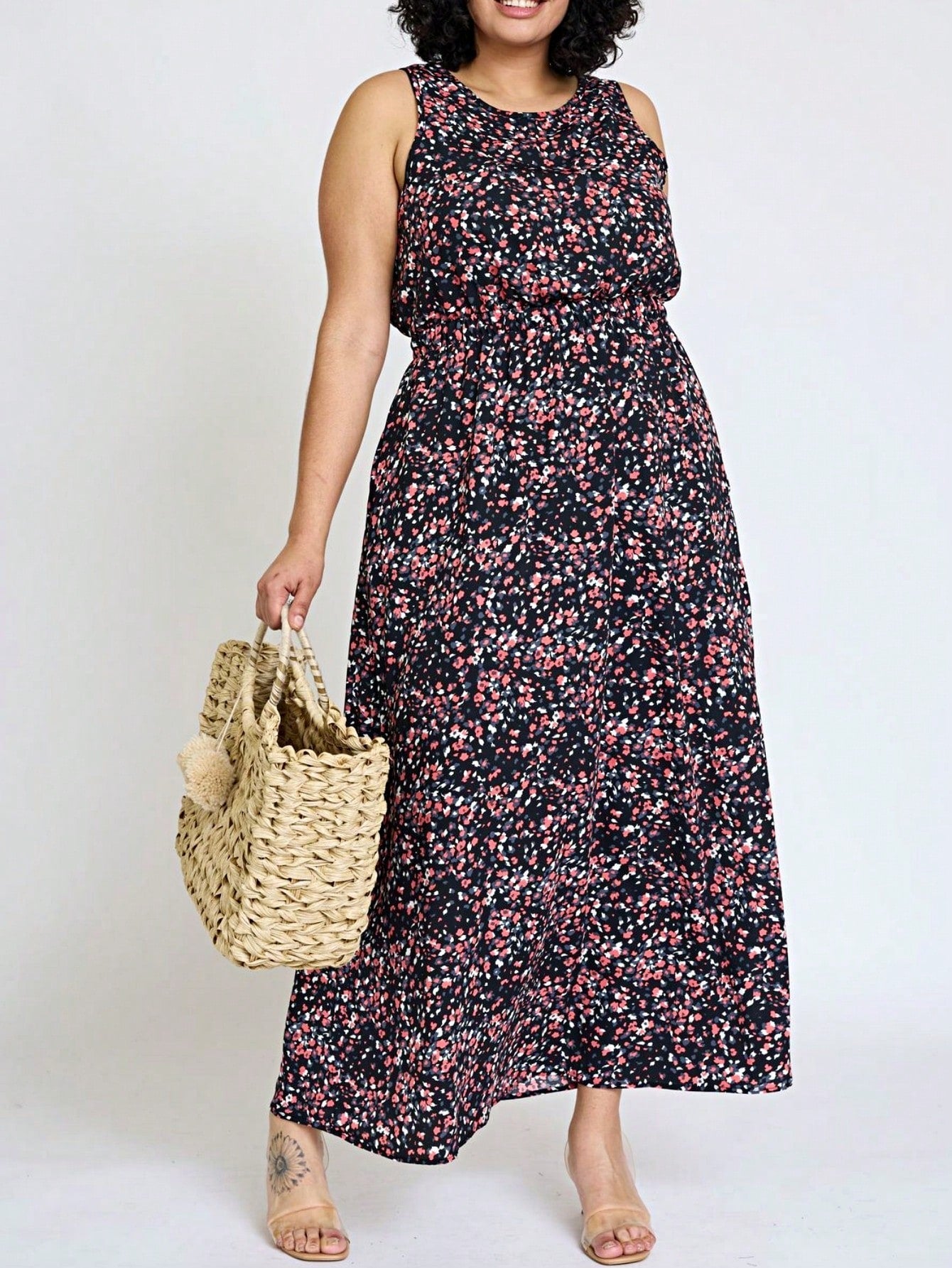 Retro Boho Woven Floral Pink Yellow Maxi Surplice Wrap Sah Dress Front Tie Flutter Sleeve