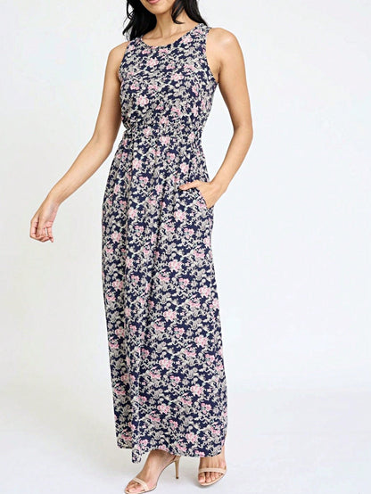 Retro Boho Woven Floral Pink Yellow Maxi Surplice Wrap Sah Dress Front Tie Flutter Sleeve
