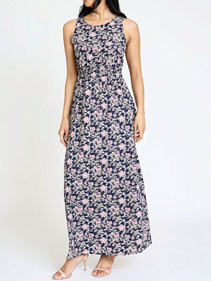 Retro Boho Woven Floral Pink Yellow Maxi Surplice Wrap Sah Dress Front Tie Flutter Sleeve