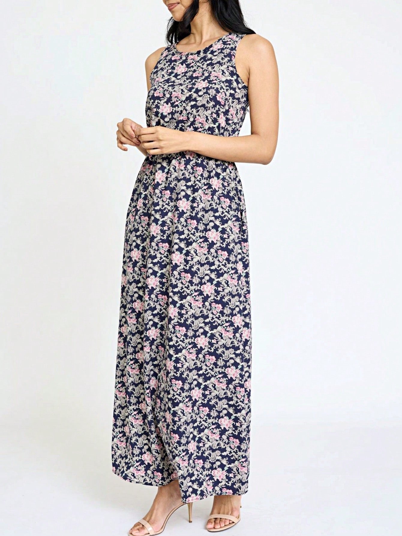 Retro Boho Woven Floral Pink Yellow Maxi Surplice Wrap Sah Dress Front Tie Flutter Sleeve