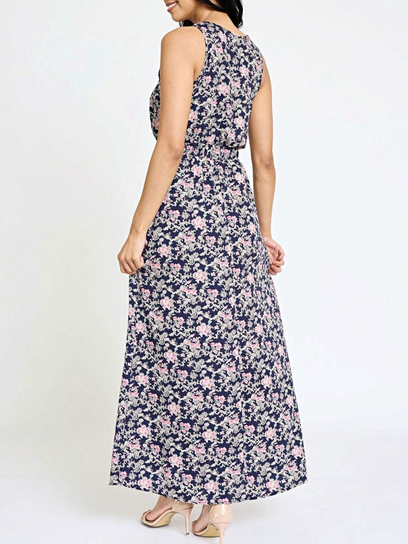 Retro Boho Woven Floral Pink Yellow Maxi Surplice Wrap Sah Dress Front Tie Flutter Sleeve