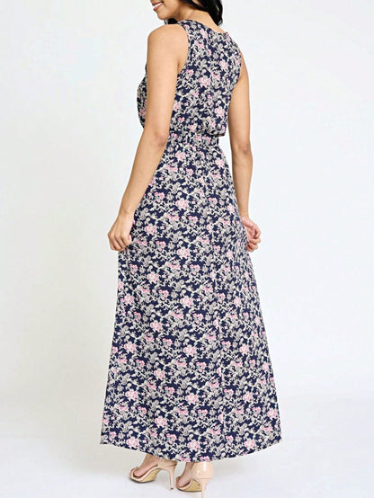 Retro Boho Woven Floral Pink Yellow Maxi Surplice Wrap Sah Dress Front Tie Flutter Sleeve